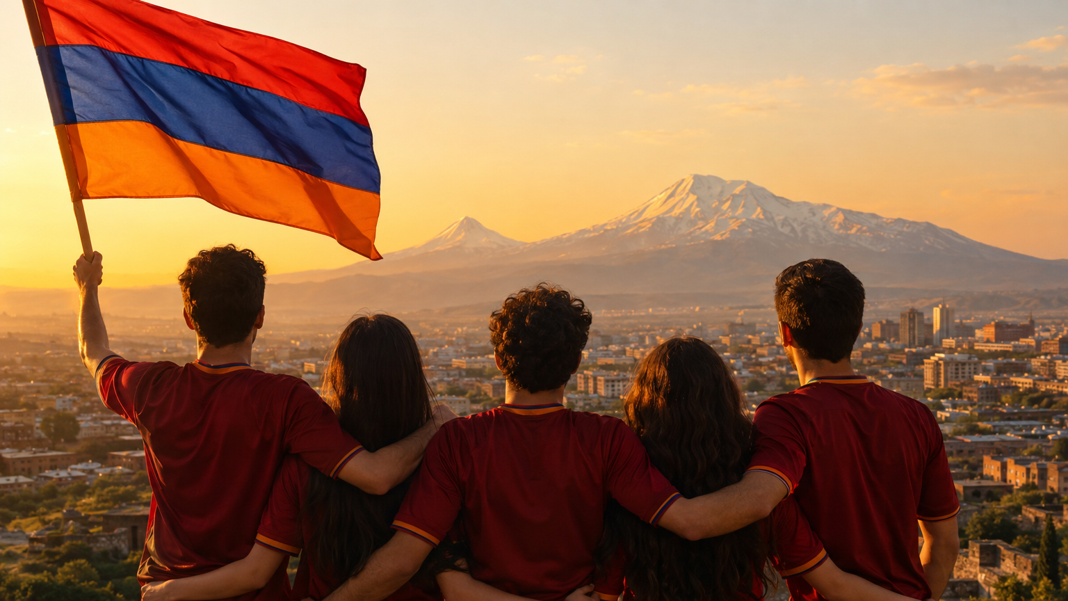 Unga armenier med armenisk flagga med utsikt över Ararat