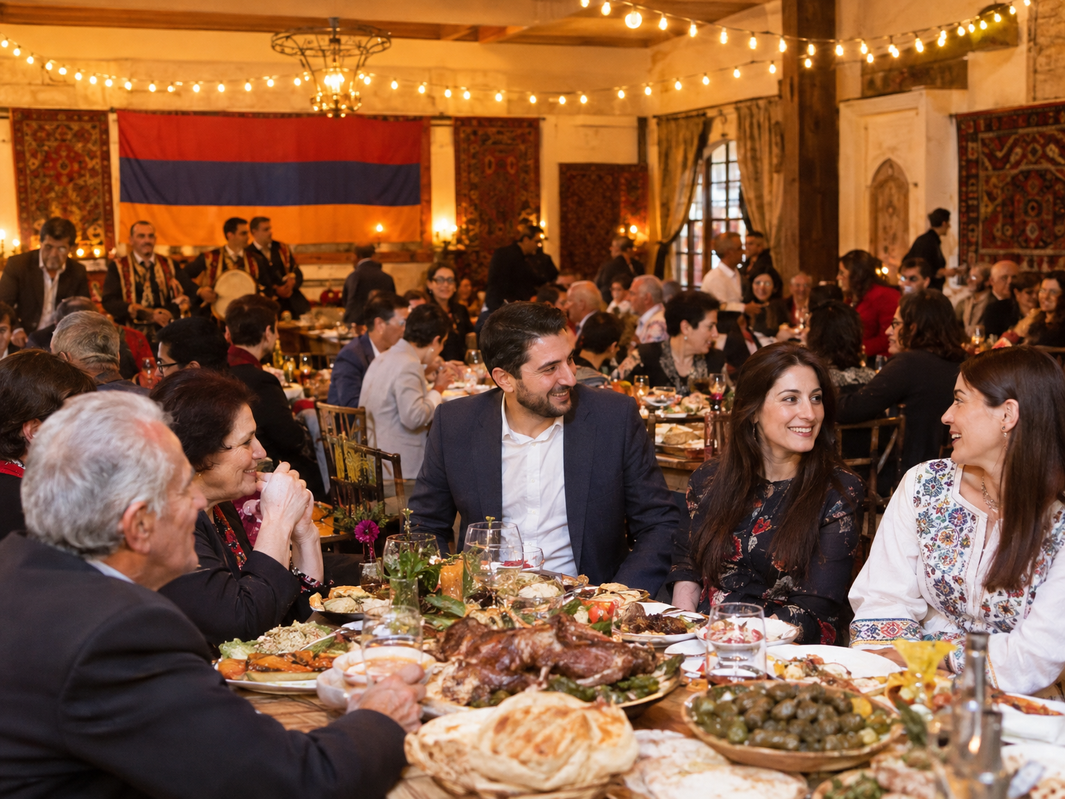 Gemensam middag med armenisk flagga på väggen